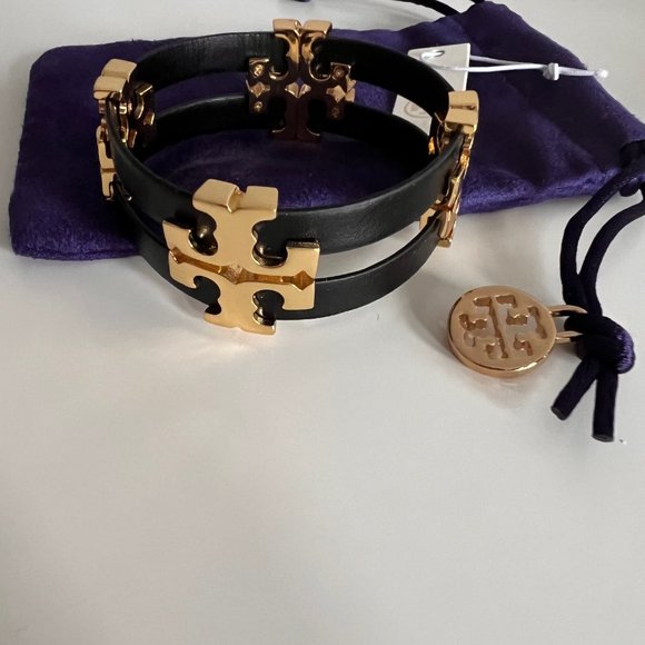 TORY BURCH SERIF T STACKED LEATHER BRACELET BLACK/GOLD - Picture 11 of 12